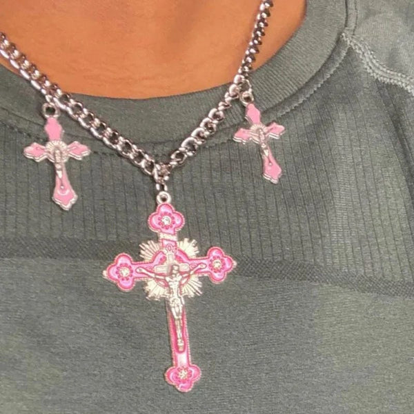 Planet Gates H New Pink Cross Necklaces for Women Y2k Fashion Gothic Couple Jewelry Metal Chains Chokers Pendant Necklace Party Jewelry Gifts