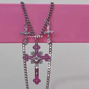 Planet Gates H New Pink Cross Necklaces for Women Y2k Fashion Gothic Couple Jewelry Metal Chains Chokers Pendant Necklace Party Jewelry Gifts