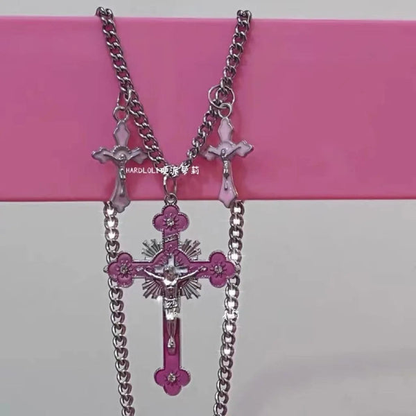 Planet Gates H New Pink Cross Necklaces for Women Y2k Fashion Gothic Couple Jewelry Metal Chains Chokers Pendant Necklace Party Jewelry Gifts