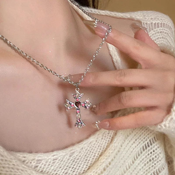 Planet Gates H New Pink Cross Necklaces for Women Y2k Fashion Gothic Couple Jewelry Metal Chains Chokers Pendant Necklace Party Jewelry Gifts