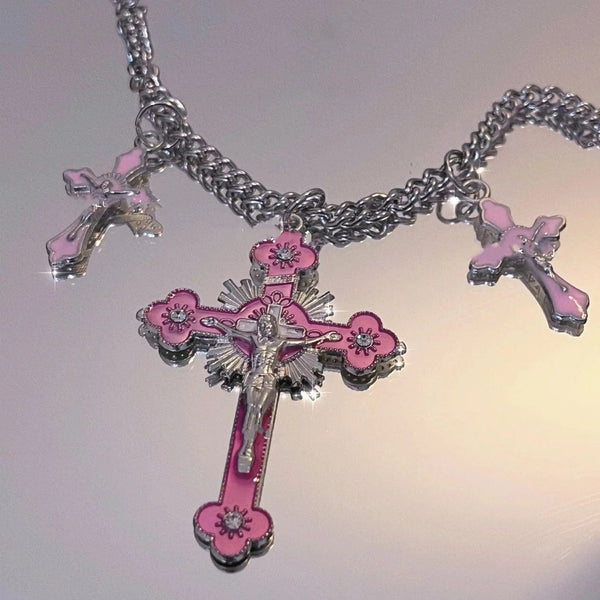 Planet Gates H New Pink Cross Necklaces for Women Y2k Fashion Gothic Couple Jewelry Metal Chains Chokers Pendant Necklace Party Jewelry Gifts