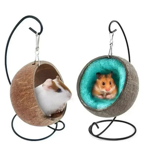 Planet Gates Hamster Coconut Shell Hanging Hammock Nest Bed Hideout with Stand Cage Accessories for Small Animals Golden Bear Sugar Glider
