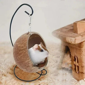 Planet Gates Hamster Coconut Shell Hanging Hammock Nest Bed Hideout with Stand Cage Accessories for Small Animals Golden Bear Sugar Glider