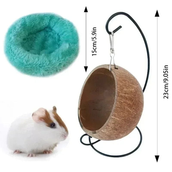 Planet Gates Hamster Coconut Shell Hanging Hammock Nest Bed Hideout with Stand Cage Accessories for Small Animals Golden Bear Sugar Glider