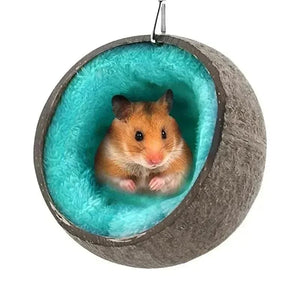 Planet Gates Hamster Coconut Shell Hanging Hammock Nest Bed Hideout with Stand Cage Accessories for Small Animals Golden Bear Sugar Glider