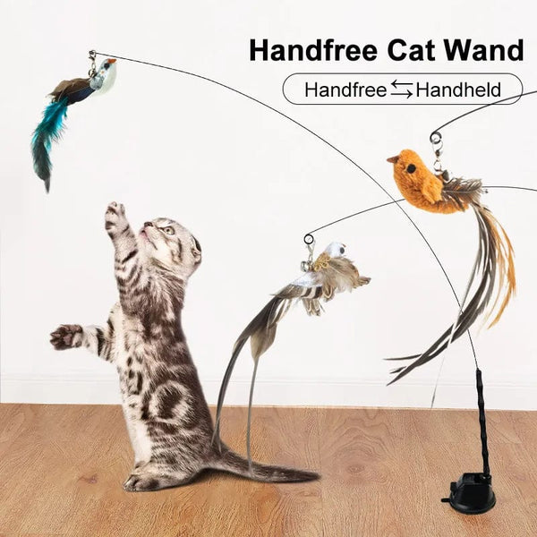 Planet Gates Handfree Bird/Feather Cat Wand with Bell Powerful Suction Cup Interactive Toys for Cats Kitten Hunting Exercise Pet Products