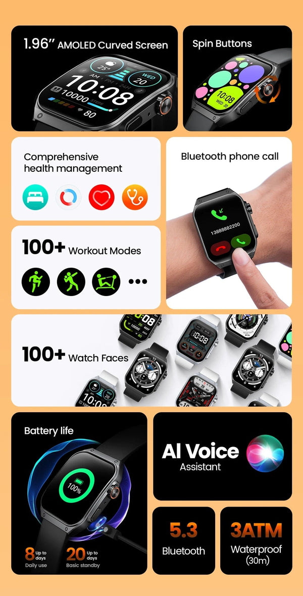 Planet Gates HAYLOU Watch S8 Smart Watch 1.96'' AMOLED Curved Screen Smartwatch Bluetooth Call AI Vioce Assistant Smartwatches for Men