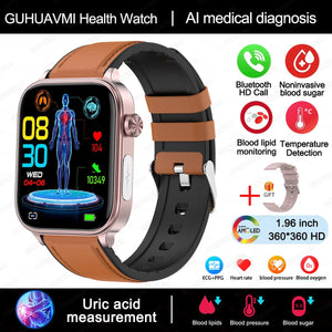 Planet Gates Health monitoring / Brown-Leather 2024 New ECG+PPG Medical Grade Smart Watch Women Blood Sugar Blood Lipid Uric Acid Women Menstrual Health Tracker Smartwatches
