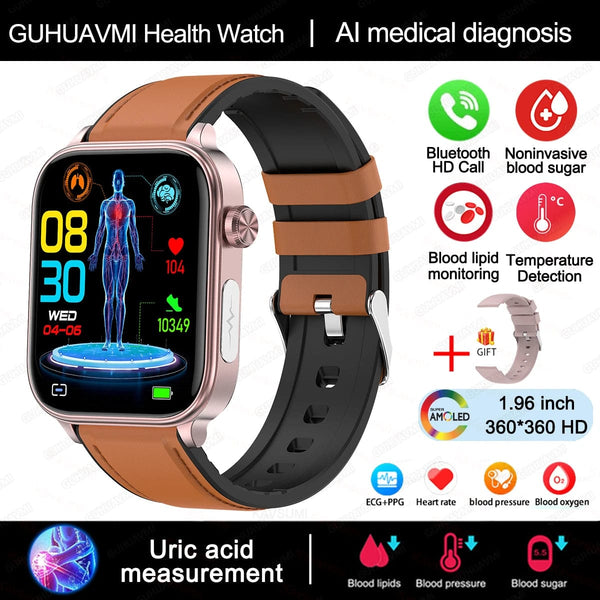 Planet Gates Health monitoring / Brown-Leather 2024 New ECG+PPG Medical Grade Smart Watch Women Blood Sugar Blood Lipid Uric Acid Women Menstrual Health Tracker Smartwatches