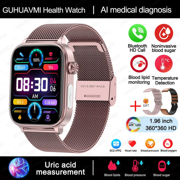 Planet Gates Health monitoring / Pink-Mesh-Belt-2A 2024 New ECG+PPG Medical Grade Smart Watch Women Blood Sugar Blood Lipid Uric Acid Women Menstrual Health Tracker Smartwatches