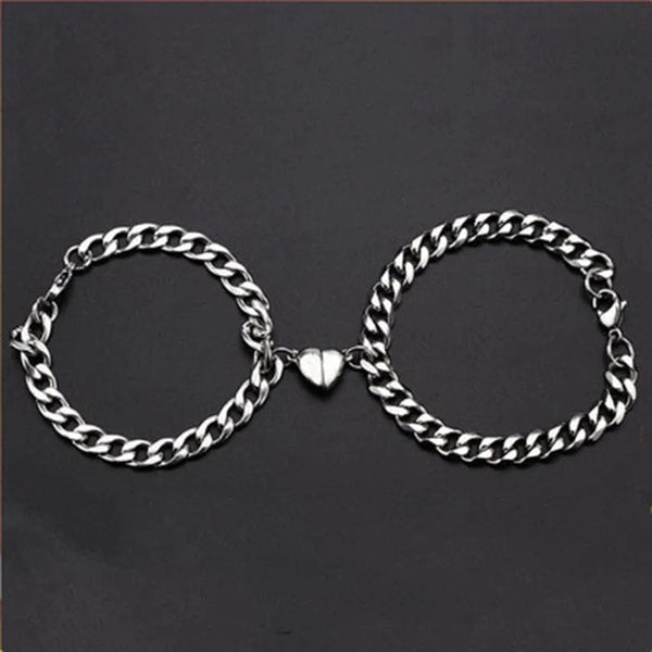 Planet Gates Heart 2pcs Punk Silver Color Chain Couple Bracelet For Women Stainless Steel Romantic Magnet Men Paired Things Fashion Jewelry Pulsera