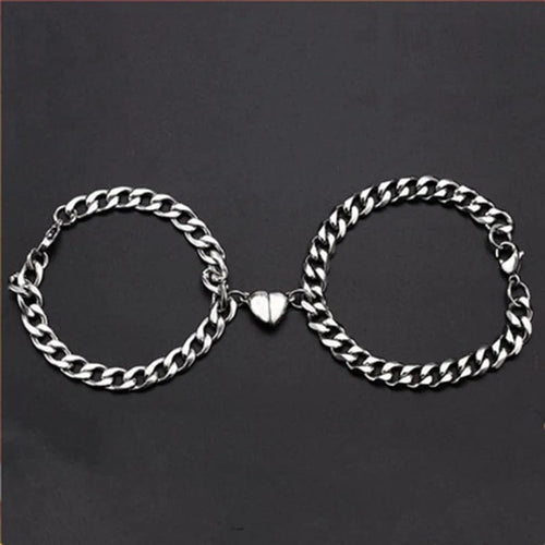 Planet Gates Heart 2pcs Punk Silver Color Chain Couple Bracelet For Women Stainless Steel Romantic Magnet Men Paired Things Fashion Jewelry Pulsera