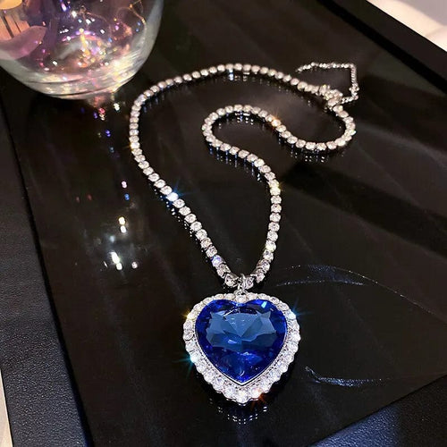 Planet Gates heart necklace Heart of Ocean Blue Heart Necklaces for Women Rhinestone Crystal Long Chain Necklaces Love Forever Jewelry For Party Gifts