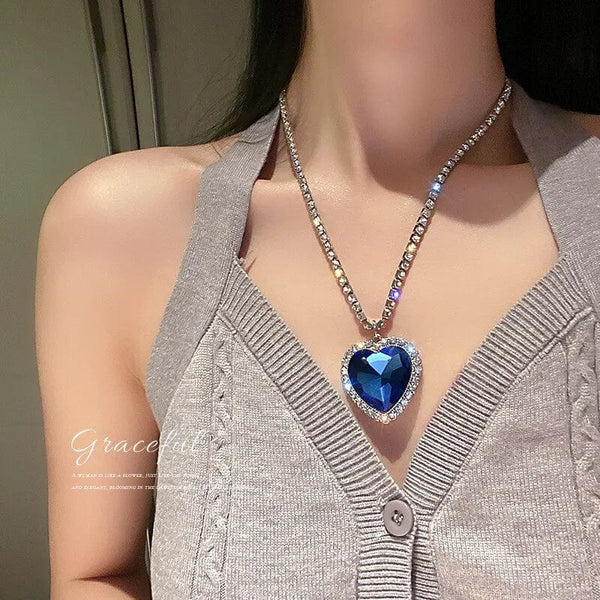 Planet Gates Heart of Ocean Blue Heart Necklaces for Women Rhinestone Crystal Long Chain Necklaces Love Forever Jewelry For Party Gifts
