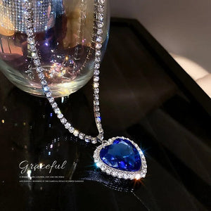 Planet Gates Heart of Ocean Blue Heart Necklaces for Women Rhinestone Crystal Long Chain Necklaces Love Forever Jewelry For Party Gifts