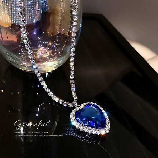Planet Gates Heart of Ocean Blue Heart Necklaces for Women Rhinestone Crystal Long Chain Necklaces Love Forever Jewelry For Party Gifts