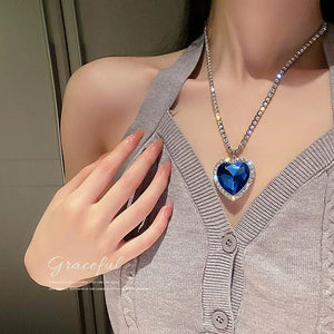 Planet Gates Heart of Ocean Blue Heart Necklaces for Women Rhinestone Crystal Long Chain Necklaces Love Forever Jewelry For Party Gifts