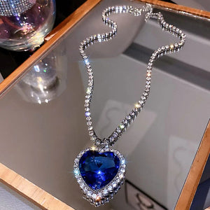 Planet Gates Heart of Ocean Blue Heart Necklaces for Women Rhinestone Crystal Long Chain Necklaces Love Forever Jewelry For Party Gifts
