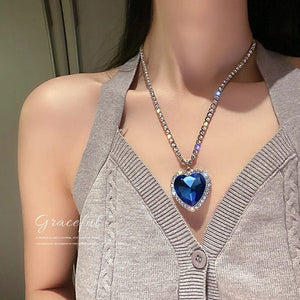 Planet Gates Heart of Ocean Blue Heart Necklaces for Women Rhinestone Crystal Long Chain Necklaces Love Forever Jewelry For Party Gifts