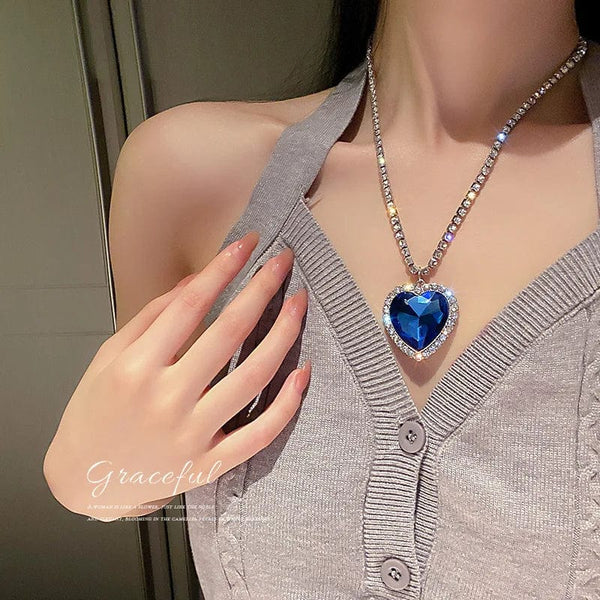Planet Gates Heart of Ocean Blue Heart Necklaces for Women Rhinestone Crystal Long Chain Necklaces Love Forever Jewelry For Party Gifts