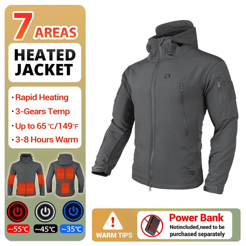 Planet Gates Heated-Jacket-Grey / L Heated Jacket Men Women's Autumn Jacket Hooded Windbreaker Tactical Hunting Hiking Camping Winter Warm Fishing Skiing Clothing