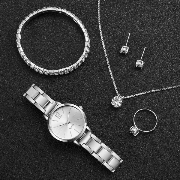 Planet Gates HH10061 6PCS/Set Fashion Women's Quartz Watch Stainless Steel Band Wrist Watches Diamond Jewelry Set(Without Box)