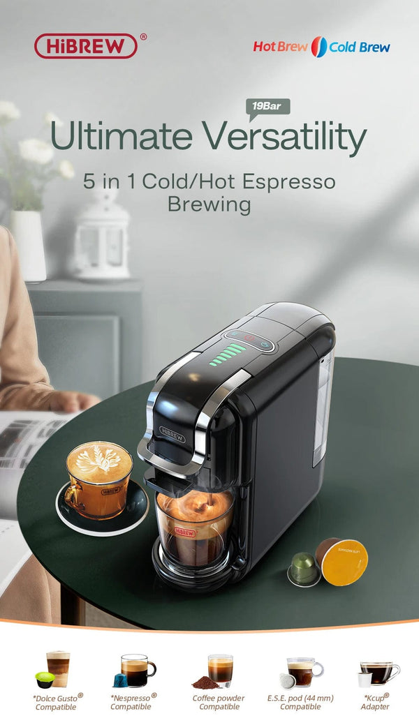 Planet Gates HiBREW Multiple Capsule Coffee Machine, Hot/Cold Dolce Gusto Milk Nespresso Capsule ESE Pod Ground Coffee Cafeteria 19Bar 5 in 1