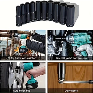 Planet Gates High-carbon Steel 10pcs Set 1/2 Inch 8-24mm Electric Long Socket Wrench Tool Socket Wrench Adapter Hand Tool Car Home Industrial Repair Tool Socket Kit