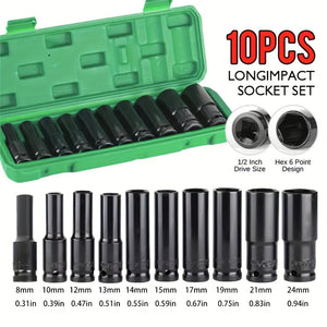 Planet Gates High-carbon Steel 10pcs Set 1/2 Inch 8-24mm Electric Long Socket Wrench Tool Socket Wrench Adapter Hand Tool Car Home Industrial Repair Tool Socket Kit