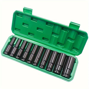 Planet Gates High-carbon Steel 10pcs Set 1/2 Inch 8-24mm Electric Long Socket Wrench Tool Socket Wrench Adapter Hand Tool Car Home Industrial Repair Tool Socket Kit