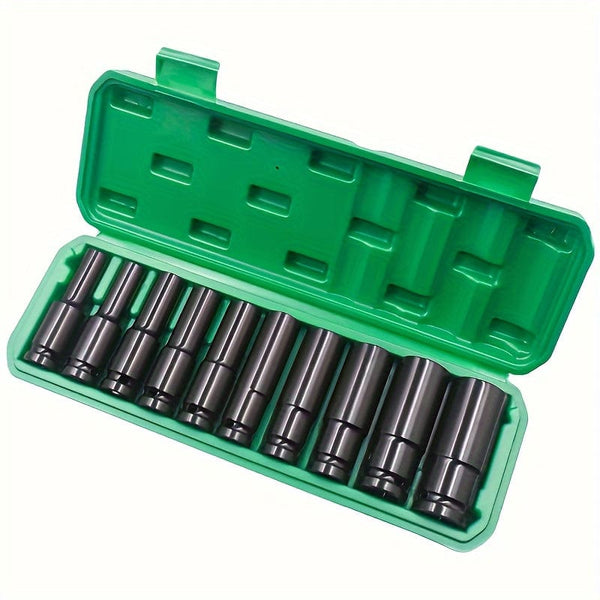 Planet Gates High-carbon Steel 10pcs Set 1/2 Inch 8-24mm Electric Long Socket Wrench Tool Socket Wrench Adapter Hand Tool Car Home Industrial Repair Tool Socket Kit