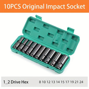 Planet Gates High-carbon Steel 10pcs Set 1/2 Inch 8-24mm Electric Long Socket Wrench Tool Socket Wrench Adapter Hand Tool Car Home Industrial Repair Tool Socket Kit