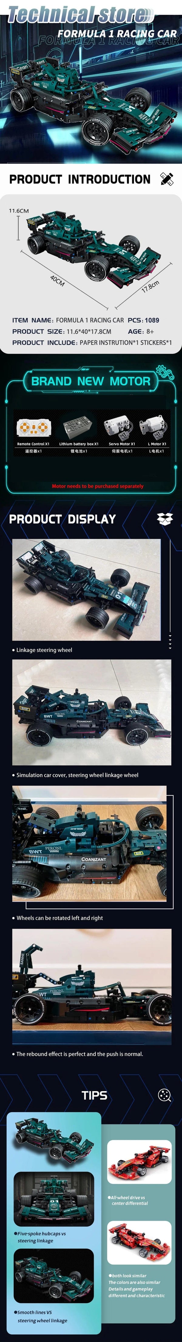 Planet Gates High-tech Building Blocks F1 Formula 1 Remote Control Super Racing Car Moc Bricks RC Technical Model Toy Creative Expert 1089pcs