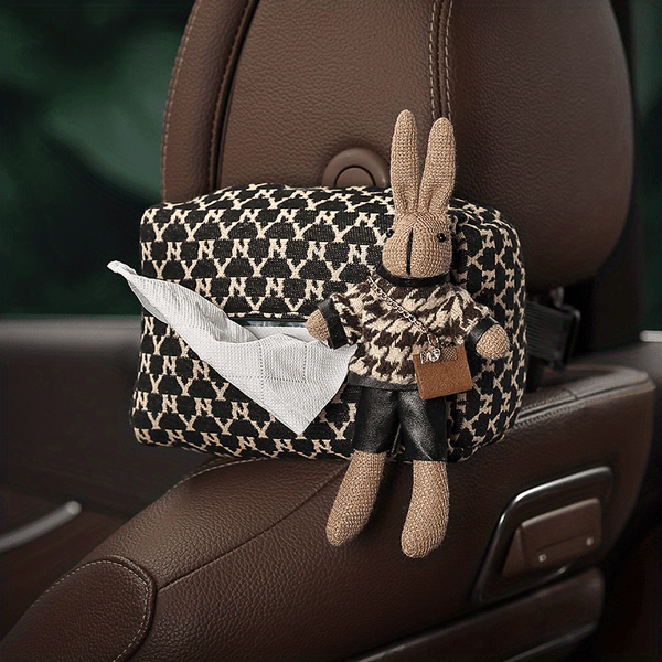 Planet Gates Houndstooth Doll Fashionable & Durable Car Tissue Box with Cute Rabbit Doll - Perfect Gift for Drivers to Stay Clean & Tidy!