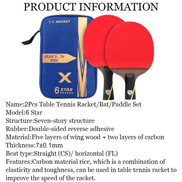 Planet Gates HUIESON 6 Star 2Pcs Carbon Table Tennis Set Super Powerful Ping Pong Raet Bat For Adult Club Training New Upgraded