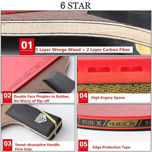 Planet Gates HUIESON 6 Star 2Pcs Carbon Table Tennis Set Super Powerful Ping Pong Raet Bat For Adult Club Training New Upgraded