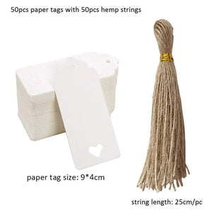 Planet Gates I-9x4cm-white 50pcs Kraft Paper Tags White Cardboard Cards with Strings Wedding Birthday Christmas Party Gift Tag Cookie Packaging Supplies
