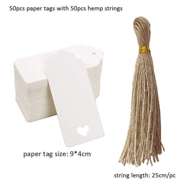 Planet Gates I-9x4cm-white 50pcs Kraft Paper Tags White Cardboard Cards with Strings Wedding Birthday Christmas Party Gift Tag Cookie Packaging Supplies