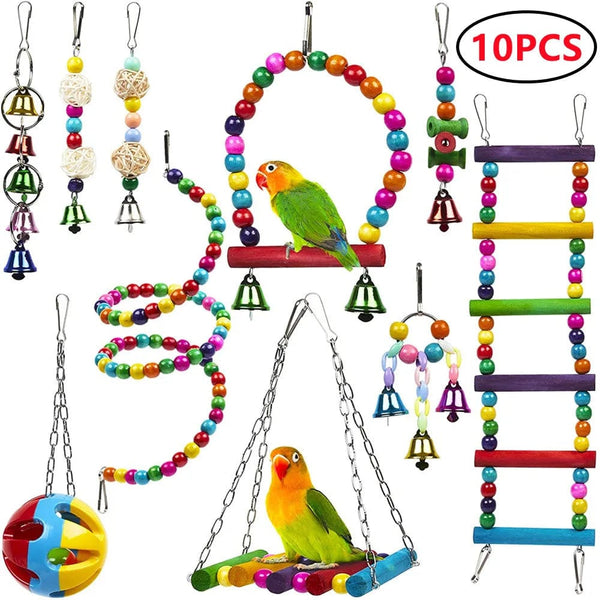 Planet Gates I Combination Bird Toys Set Swing Chewing Training Toys Small Parrot Hanging Hammock Parrot Cage Bell Perch Toys with Ladder Toys