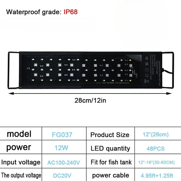 Planet Gates IP68 Waterproof Aquarium LED Light, Full Spectrum Fish Tank Lighting with Aquatic Plant Growth Lamp, 24/7 and 100V-240V, 30-60cm