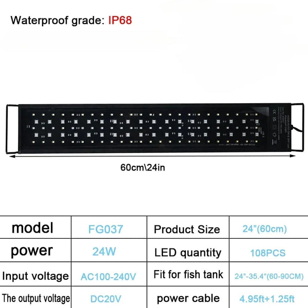 Planet Gates IP68 Waterproof Aquarium LED Light, Full Spectrum Fish Tank Lighting with Aquatic Plant Growth Lamp, 24/7 and 100V-240V, 30-60cm