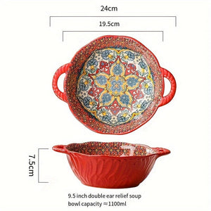Planet Gates Istil 1PC 24.13 Cm Underglaze Color Bohemia Polish Style Double Ear Handle Soup Bowl, Embossed Soup Bowl, Noodle Bowl, Microwave Safe, For Home Kitchen Restaurant Hotel, Kitchen Supplies, Tableware