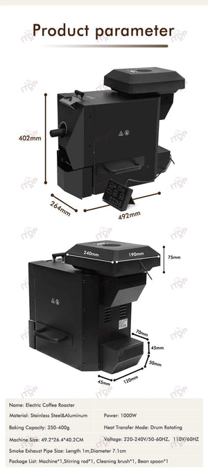 Planet Gates ITOP 500g Coffee Roaster 3 Roasting Programs Easy and Fun Operation Household Coffee Bean Roasting Machine with Smoke Filter
