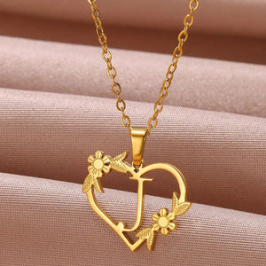 Planet Gates J / 45cm / CHINA Gold Color Dainty Flower Initials Necklace Women Girl Stainless Steel Heart Letter Choker Necklace Best Gifts Alphabet Jewelry