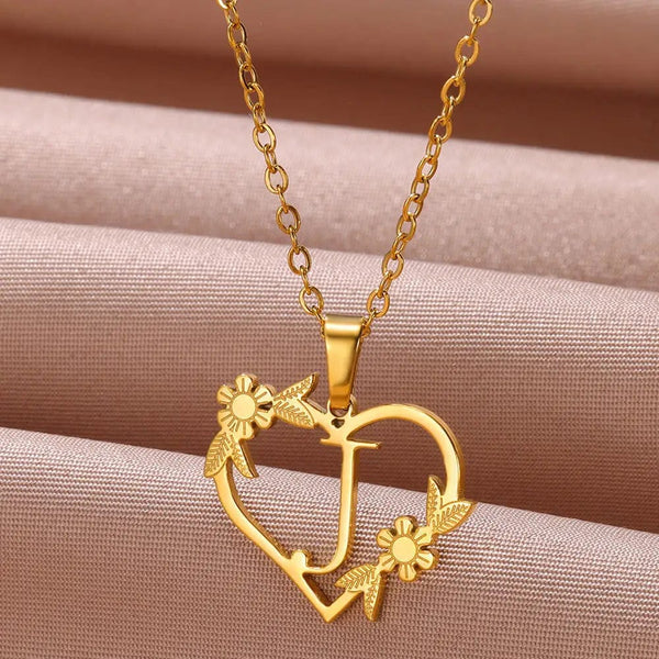 Planet Gates J / 45cm / CHINA Gold Color Dainty Flower Initials Necklace Women Girl Stainless Steel Heart Letter Choker Necklace Best Gifts Alphabet Jewelry