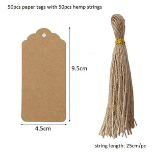 Planet Gates J-9.5x4.5cm-kraft 50pcs Kraft Paper Tags White Cardboard Cards with Strings Wedding Birthday Christmas Party Gift Tag Cookie Packaging Supplies