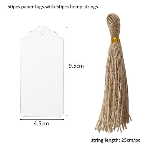 Planet Gates J-9.5x4.5cm-white 50pcs Kraft Paper Tags White Cardboard Cards with Strings Wedding Birthday Christmas Party Gift Tag Cookie Packaging Supplies