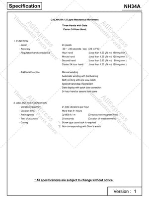 Planet Gates Japan  nh34 Movement New Original 24 jewels nh34a gmt 4 Hands 4R34 GMT Date Watch Automatic Metal High Accuracy Winding