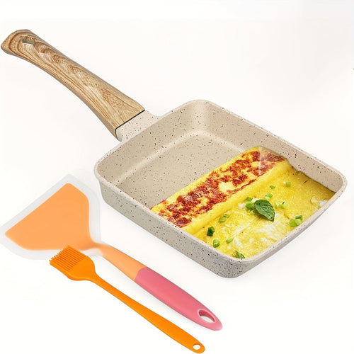 Planet Gates Japanese 1set Japanese Frying Pan, Tamagoyaki Frying Pan, Tamagoyaki Rectangular Frying Pan, Japanese Rectangular Frying Pan, Non Stick Coated Frying Pan With Silicone Spatula And Oil Brush
