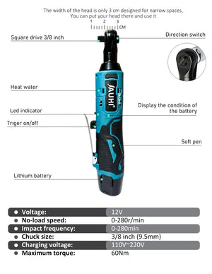 Planet Gates JAUHI 12V Cordless Electric Wrench 3/8'' Right Angle Ratchet Wrench Angle Drill Screwdriver Removal Screw Nut Car Repair Tool